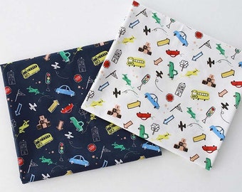Katoenen stof met transportmotief per meter, print van auto's, vliegtuigen en bussen, stof voor kinderkamerdekens, 112 cm breed, SG Lets Go laceking2013