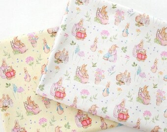 Watercolor Bunny Cotton Fabric by the Yard, Floral Rabbit Print, 44-Inch Wide