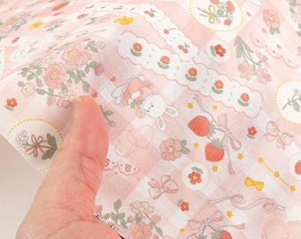 Pink Bunny Strawberry Cotton Fabric by the Yard, Floral Patchwork Print, 42" Wide