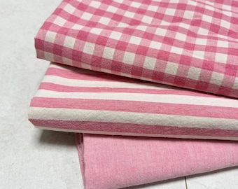 Rose Pink Gingham Check Stripe Cotton Fabric by the Yard, 63" Wide Soft Washed Yarn Dyed Korean Cotton for Dress Shirt Bedding