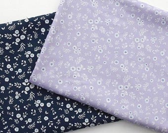 Small Floral Cotton Fabric by the Yard, 44-Inch Navy and Lavender Korean Fabric
