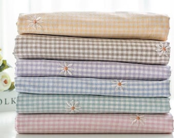 Daisy Embroidered Gingham Cotton Fabric by the Yard, 63" Wide Korean Yarn Dyed Check Fabric for Dress, Quilt