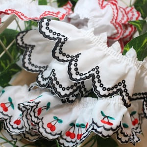Premium Quality Embroidery Gathered Pleated Eyelet lace trim by the yard Poodle, Strawberry 1.9" white YH Cherry Coco made in Korea