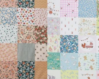 May include: A patchwork fabric featuring a grid of squares with diverse patterns including floral prints, gingham, and illustrations of rabbits, squirrels, and cherries. The design incorporates soft pastel and muted earth tones throughout the textile.