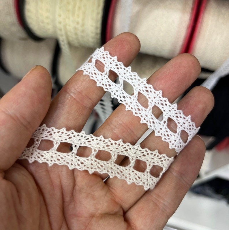 May include: Two white lace trims with a delicate square pattern. The lace is shown on a hand.