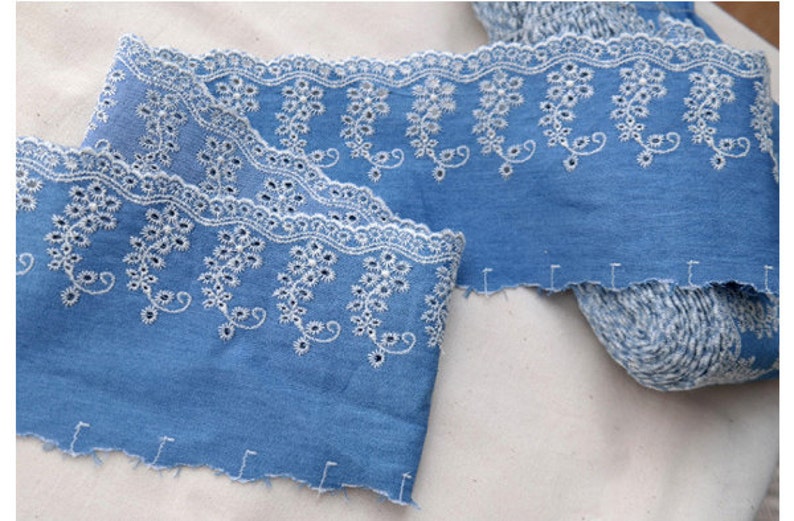 14yards Embroidery Broderie Anglaise Eyelet Denim Blue Lace Etsy