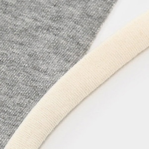 Pu&ograve; includere: Una vista ravvicinata di un tessuto grigio m&eacute;lange con un motivo a maglia fine e testurizzato, caratterizzato da un bordo o una rifinitura a coste spessa di colore crema lungo il bordo curvo. Il materiale appare morbido e flessibile, mostrando un netto contrasto tra il tessuto grigio e il bordo chiaro.
