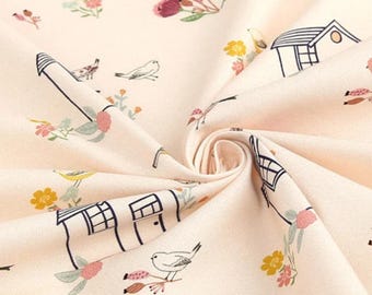 Whimsical Bird Cotton Fabric by the Yard, Floral Cottage House Print on Cream, Cottagecore Animal Fabric, 44 Inches Wide, Korea