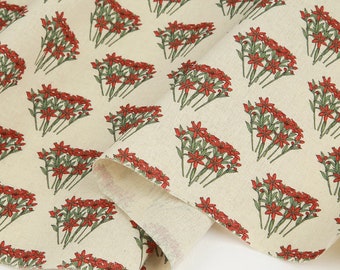 Tela de lino y algodón con estampado floral rojo por metro, estampado botánico de flores silvestres, tela coreana de 145 cm de ancho para cortinas, cojines y decoración del hogar.