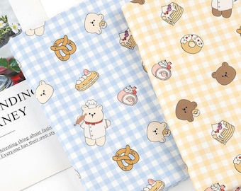 Cute Bear Bakery Cotton Fabric by the Yard, Pastel Gingham Check Fabric, Dessert Pretzel Doughnut Animal Print for Baby Clothes, Kids Crafts