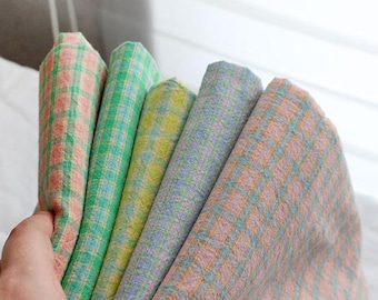 Vintage Plaid Cotton Fabric by the Yard 63" Wide Soft Lightweight Linen Look Check Fabric for Shirt Sewing Natural Style Laceking Korea
