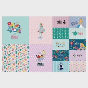 Puede incluir: Una colección de diseños temáticos de Alicia en el país de las maravillas. La imagen presenta varios patrones cuadrados con ilustraciones de Alicia, el Conejo Blanco y otros personajes. Los colores incluyen azul, rosa y patrones florales, con el texto "Alice Wonderland".