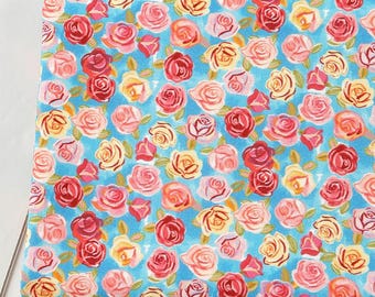 Rose Print 100% Cotton Fabric, Blue Background, 90cm Length, Approx. 42" Wide