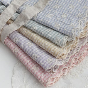 Premium Quality Broderie Anglaise Scalloped Edge Gingham Check Cotton Fabric By the Yard 56"(144cm) Cozy Francois Flower Check Made in Korea