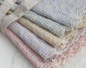 Premium Quality Broderie Anglaise Scalloped Edge Gingham Check Cotton Fabric By the Yard 56"(144cm) Cozy Francois Flower Check Made in Korea