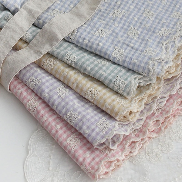 Premium Quality Broderie Anglaise Scalloped Edge Gingham Check Cotton Fabric By the Yard 56"(144cm) Cozy Francois Flower Check Made in Korea