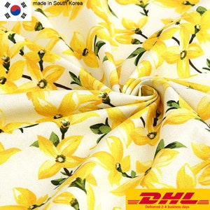 Hochwertiger Baumwollstoff mit Blumenmuster, Meterware, 112 cm breit, romantisches Forsythienmuster, hergestellt in Korea
