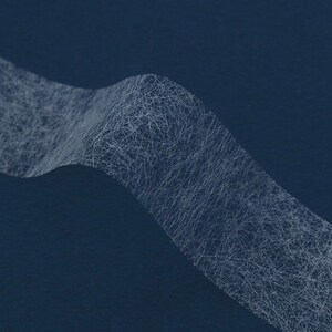 May include: Close-up of a textured, white, web-like material against a dark blue background. The material appears to be layered and slightly translucent, creating a sense of depth and dimension. The overall effect is abstract and intriguing.