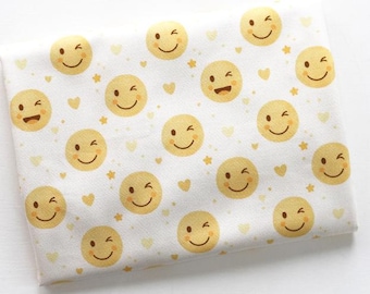 Yellow Smiley Face Cotton Fabric by the Yard, 44" Wide, Hearts and Stars