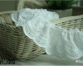 1yds Broderie Anglaise gathered eyelet lace trim 2.4" White YH1423 laceking2013 made in Korea