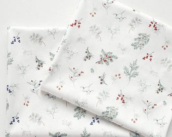 Winter Botanical Cotton Fabric by the Yard, Pine Branch and Berry Print, 44 Inches Wide