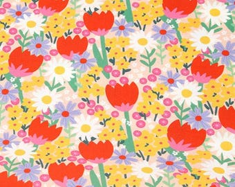 Vivid Floral Cotton Fabric by the Yard, Tulip Daisy Print, 42 Inches Wide