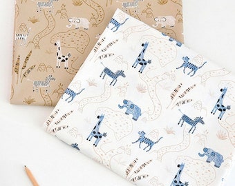 Safari Animal Cotton Fabric by the Yard, Giraffe Zebra Elephant Nursery Fabric, 44" Wide, 2 Colors laceking2013