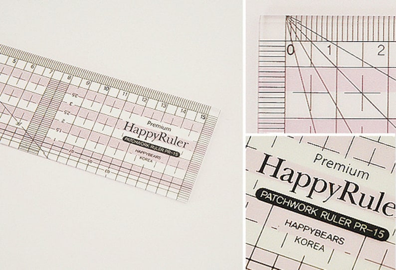 Puede incluir: Una regla de patchwork HappyRule de pl&aacute;stico transparente con l&iacute;neas de cuadr&iacute;cula rosas y medidas en cent&iacute;metros. La regla tiene l&iacute;neas diagonales y el texto "HappyRuler" y "HAPPYBEARS KOREA".