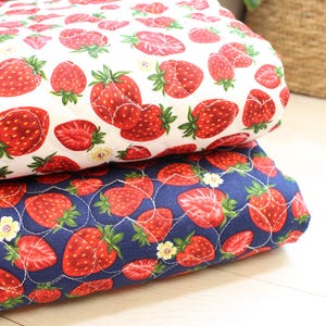 Pu&ograve; includere: Due pezzi di tessuto trapuntato piegati e impilati l'uno sull'altro. Il tessuto superiore &egrave; bianco con un motivo ripetuto di fragole rosse e piccoli fiori gialli. Il tessuto inferiore &egrave; blu navy con lo stesso motivo di fragole e fiori.