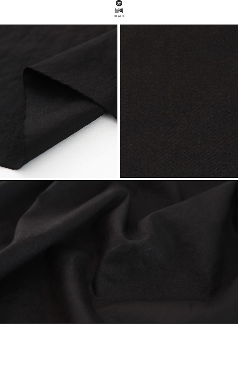 May include: A solid black fabric shown in three different views. The top left panel shows a folded edge, the top right panel displays a flat, smooth surface, and the bottom panel captures the fabric with soft, draped folds and shadows.