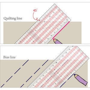 Puede incluir: Diagrama que ilustra las l&iacute;neas de acolchado y de sesgo. Se utiliza una regla transparente con l&iacute;neas de cuadr&iacute;cula rosas para medir y dibujar l&iacute;neas en un &aacute;ngulo de 45 grados. El texto "Quilting line" y "Bias line" es visible.