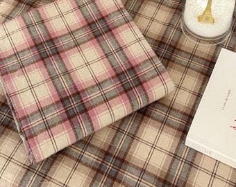 Pastel Plaid Brushed Cotton Fabric by the Yard, Pink or Beige, 58 Inches Wide