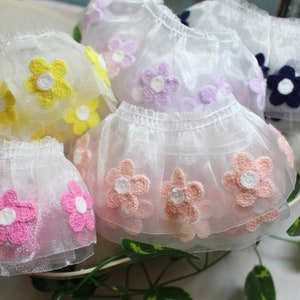 Premium Quality Embroidery Scalloped Gathered Pleated Mesh Organza lace trim by the yard 2.3" (6cm) YH Colorful Daisy made in Korea