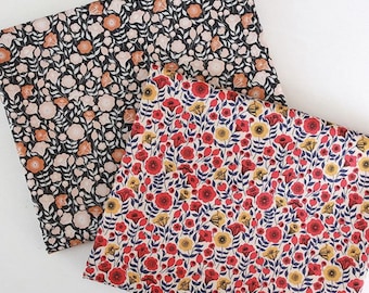 Scandinavian Floral Cotton Fabric, Botanical Print, Black or Ivory, 44 Inches Wide