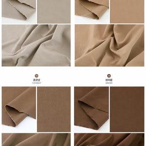 May include: A grid of fabric swatches in four shades of brown labeled 17 Mushroom, 18 Hazelnut, 19 Coconut, and 20 Brown. Each section displays a folded piece of fabric with a matte texture, showing both a flat view and a draped view of the material.