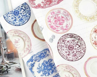 Vintage Teacup Cotton Fabric by the Yard, 44" Korean China Plate Kitchen Fabric for Bag, Quilt, Decor laceking2013