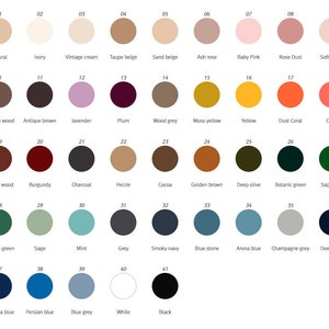 May include: A colour chart featuring forty-one numbered circular swatches arranged in a grid. Each circle displays a distinct hue, ranging from neutrals like natural, ivory, and taupe to vibrant shades including yellow, coral, and various blues and greens.