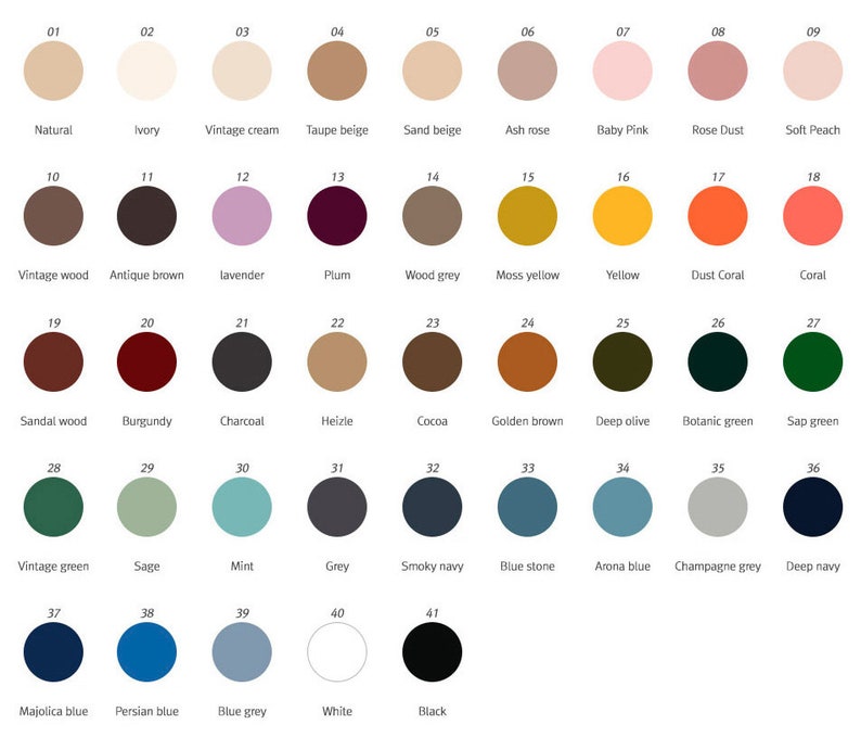 May include: A colour chart featuring forty-one numbered circular swatches arranged in a grid. Each circle displays a distinct hue, ranging from neutrals like natural, ivory, and taupe to vibrant shades including yellow, coral, and various blues and greens.