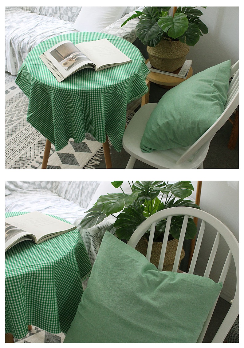 K&ouml;nnte beinhalten: Eine gr&uuml;n-wei&szlig;e karierte Tischdecke auf einem runden Tisch mit einem Buch darauf. Ein gr&uuml;nes Kissen befindet sich auf einem wei&szlig;en Stuhl im Hintergrund.