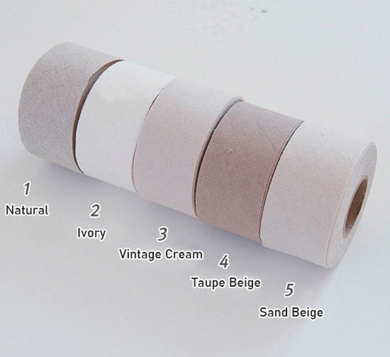 May include: Five rolls of adhesive tape arranged in a row, labelled with numbers and colours: 1 Natural, 2 Ivory, 3 Vintage Cream, 4 Taupe Beige, and 5 Sand Beige. Each roll features a textured surface and a central cardboard core.