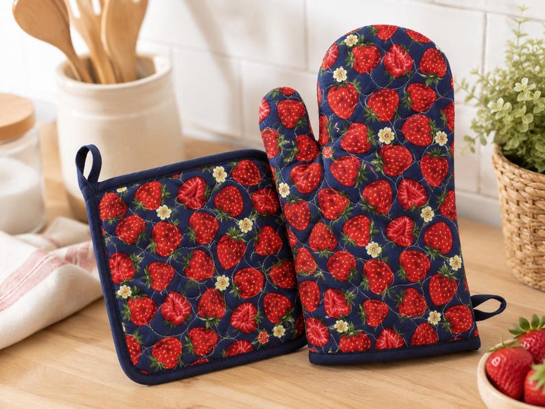 Pu&ograve; includere: Un guanto da forno trapuntato e una presina quadrata con sfondo blu scuro e un motivo ripetuto di fragole rosse, foglie verdi e piccoli fiori bianchi. Entrambi gli articoli presentano un bordo in tessuto blu scuro e un occhiello.