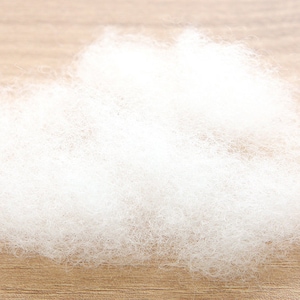 May include: A fluffy cloud of white polyester fiberfill, ideal for stuffing pillows, cushions, or craft projects. The soft, lightweight material is shown against a light brown wooden surface.