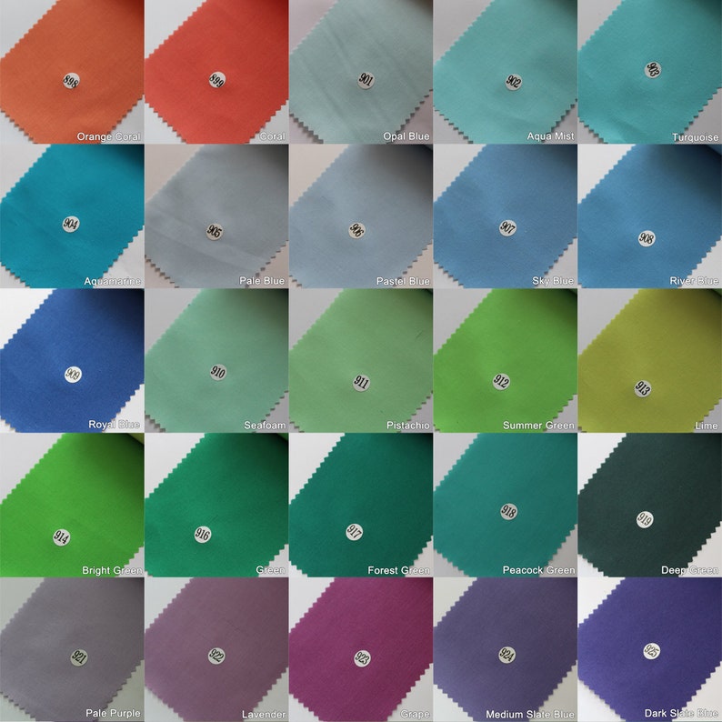Puede incluir: Carta de muestras con 20 muestras de tela en varios colores, incluyendo naranja, azul, verde y morado. Cada muestra est&aacute; etiquetada con un n&uacute;mero y un nombre de color.
