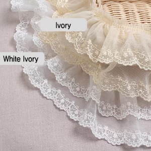 May include: Close-up of layered lace trim in white and ivory. The lace has a scalloped edge with delicate floral embroidery. The text "Ivory" and "White Ivory" are visible. The trim is suitable for sewing and craft projects.