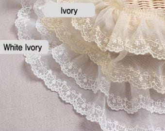 Premium Quality Embroidery Scalloped Gathered Mesh Lace Trim by the Yard 3.3"(8.5cm) YH1480a laceking2013 made in Korea