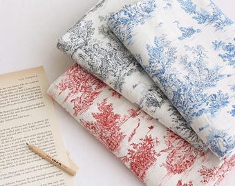 Hochwertiger Leinenstoff als Meterware, Vintage-Stoff mit 6-farbigem Chinoiserie-Muster (55 Zoll), Cozy Romance, Stoff mit berühmtem Gemälde, Toile de Jouy