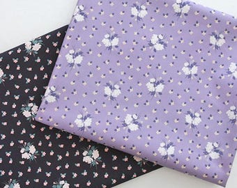 Vintage Floral Cotton Fabric: Small Flower Bouquet Print, 44" Wide, Black or Lavender