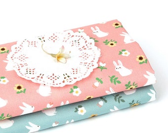 Bunny Cotton Fabric by the Yard, Cute Rabbit & Floral Print, 44" Wide, Pink Mint, Kids Nursery Fabric for Quilting sewing laceking2013