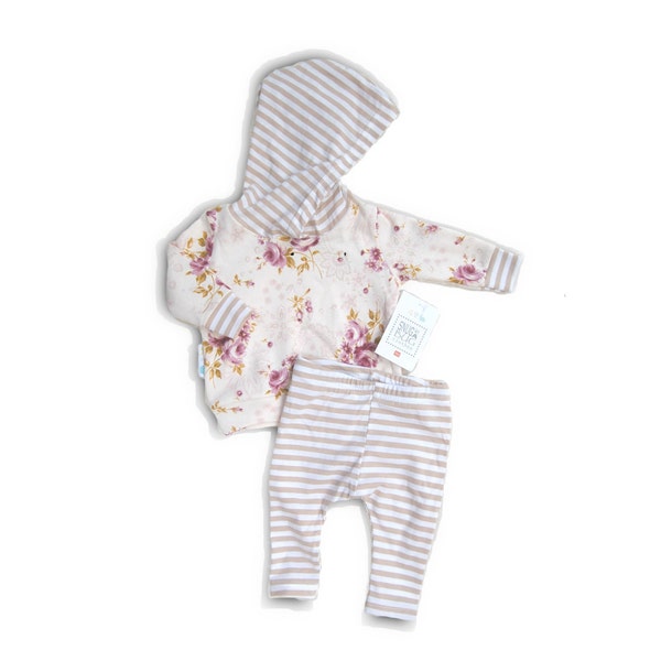 Floral & Stripes Newborn Take Home Outfit Baby Girl Hoodie and Leggings Set