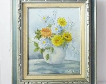 1979 Flowers in a Vase Painting MID Century Fine Art Painting Slate Blue Flower Painting Something Old Home Decor